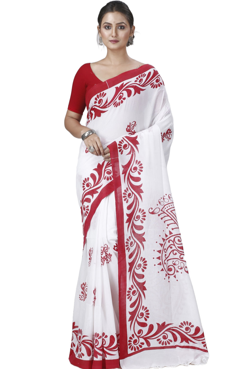 White Pure Cotton Teba Printed Handloom Saree (1261)